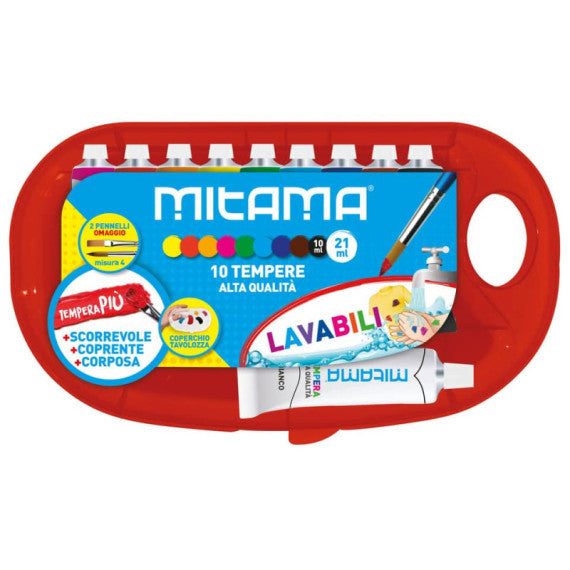 Tempera Mitama Più Superlavabile con tavolozza - 9 tubi da 10 ml assortiti + 1 tubo bianco 21 ml + 2 pennelli 61930
