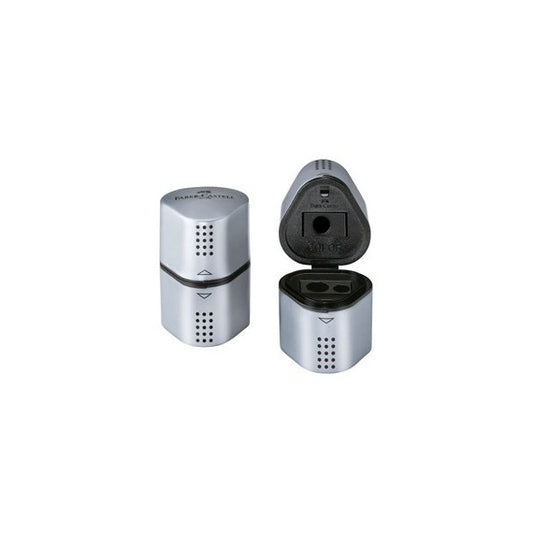 Temperamatite Grip 2001 con contenitore - 3 fori - silver - con doppio serbatoio - Faber Castell