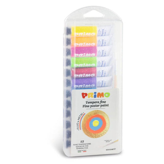 Tempere 12 ml - scatola in polipropilene - 8 tubetti metallizzati, 4 tubetti fluo + 1 pennello Primo assortiti - 450T12F