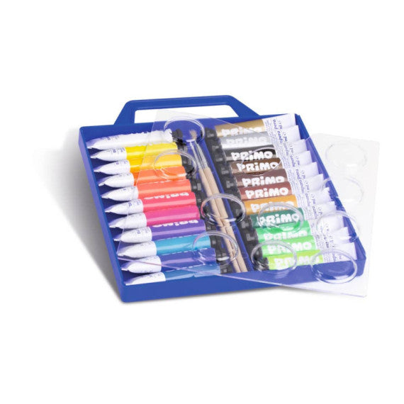 Tempere 12 ml - valigetta di plastica con coperchio tavolozza - 22 tubetti + 2 penelli Primo assortiti - 449T22VA