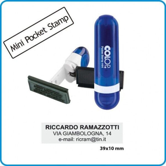 Timbro Colop mini pocket autoinchiostrante tascabile personalizzato misura 10X39mm personalizzabile max 3 righe alta qualità
