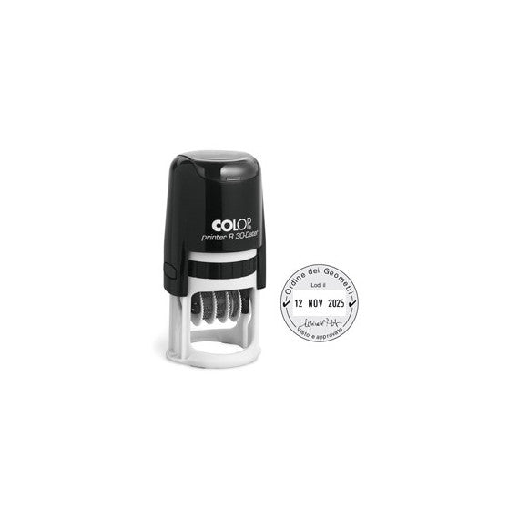 Timbro datario R30 - diametro 30 mm - 4 righe - autoinchiostrante - personalizzabile - Colop