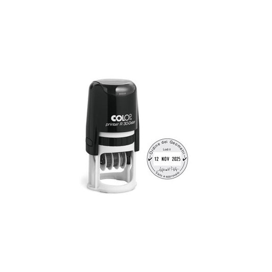 Timbro datario R30 - diametro 30 mm - 4 righe - autoinchiostrante - personalizzabile - Colop